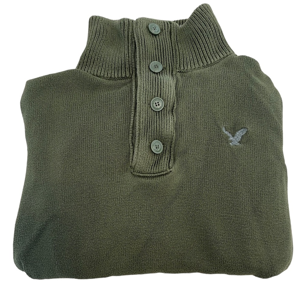 American Eagle Outfitters Olive Green Quarter-Button Pullover Sweater
